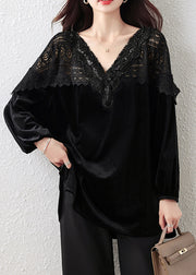 French Black V Neck Lace Patchwork Silk Velour Tops Fall