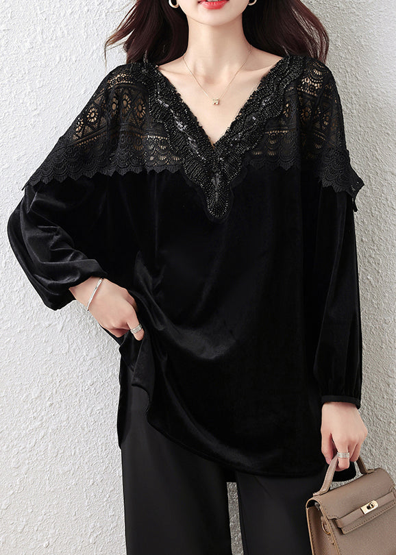 French Black V Neck Lace Patchwork Silk Velour Tops Fall