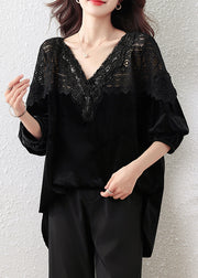 French Black V Neck Lace Patchwork Silk Velour Tops Fall