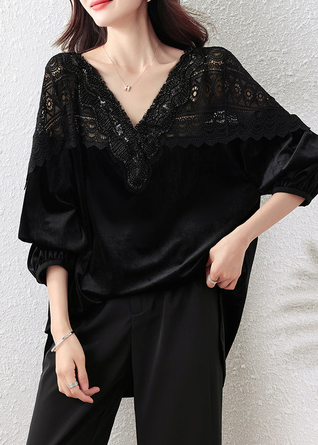French Black V Neck Lace Patchwork Silk Velour Tops Fall