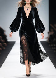 French Black V Neck Patchwork Hollow Out Silk Velvet Dress Spring