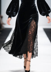 French Black V Neck Patchwork Hollow Out Silk Velvet Dress Spring