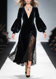 French Black V Neck Patchwork Hollow Out Silk Velvet Dress Spring