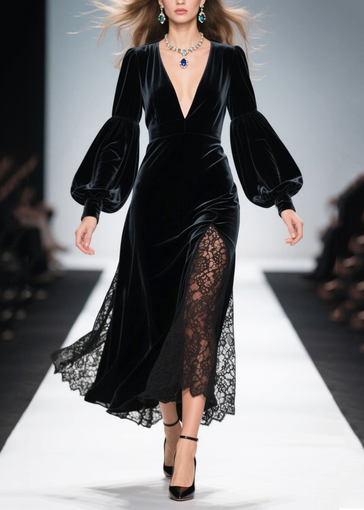 French Black V Neck Patchwork Hollow Out Silk Velvet Dress Spring