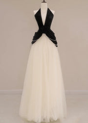 French Black V Neck Pearl Tulle Patchwork Silk Velvet Ankle Dress Sleeveless