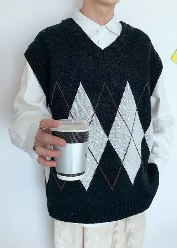 French Black V Neck Plaid Knit Men Knit Vest Spring