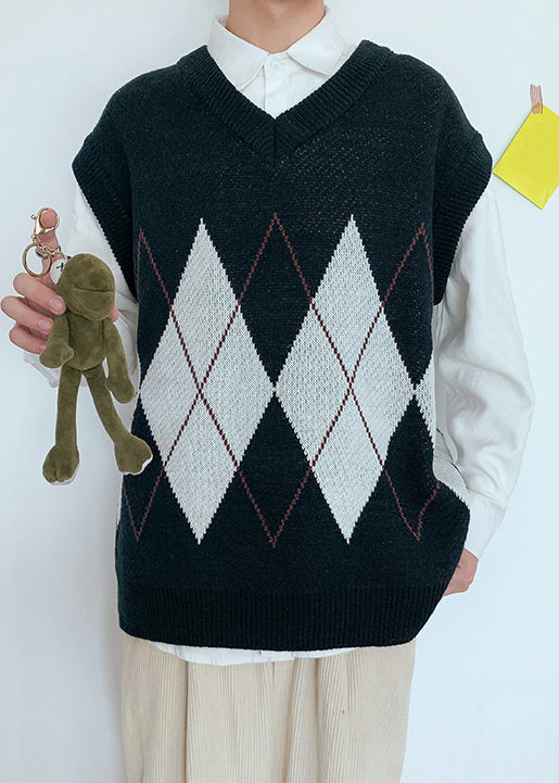 French Black V Neck Plaid Knit Men Knit Vest Spring