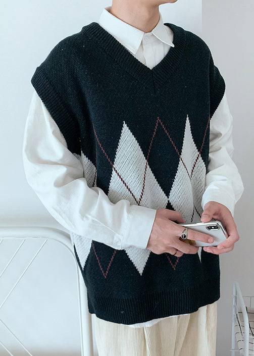 French Black V Neck Plaid Knit Men Knit Vest Spring