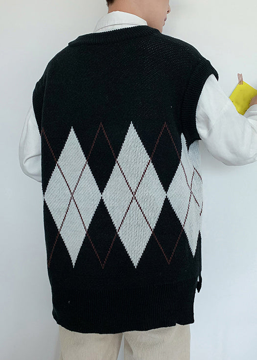 French Black V Neck Plaid Knit Men Knit Vest Spring