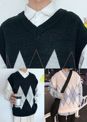 French Black V Neck Plaid Knit Men Knit Vest Spring
