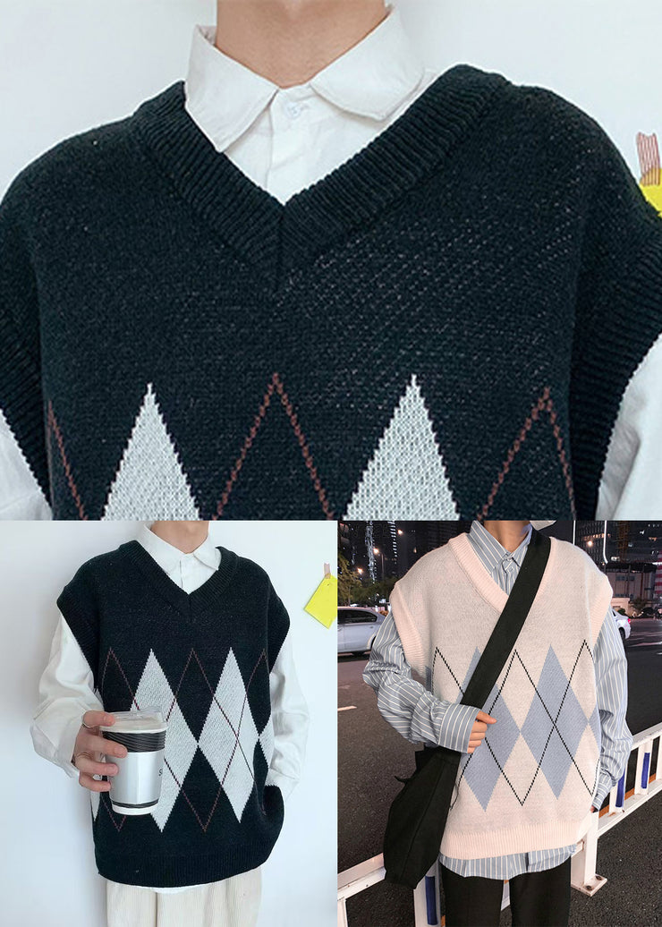 French Black V Neck Plaid Knit Men Knit Vest Spring