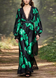 French Black V Neck Print High Waist Silk Party Dress Spring
