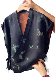 French Black V Neck Print Lace Up Silk Tank Sleeveless