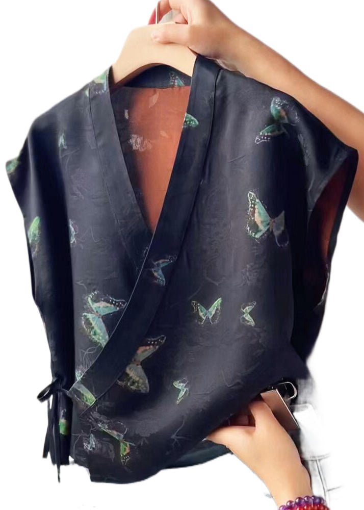 French Black V Neck Print Lace Up Silk Tank Sleeveless