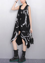 French Black V Neck Print Pockets Cotton Waistcoat Sleeveless