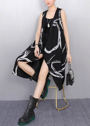 French Black V Neck Print Pockets Cotton Waistcoat Sleeveless