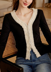 French Black V Neck Ruffled Patchwork Nail Bead Tops Fall