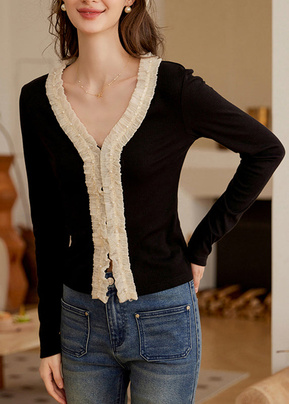 French Black V Neck Ruffled Patchwork Nail Bead Tops Fall