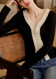 French Black V Neck Ruffled Patchwork Nail Bead Tops Fall