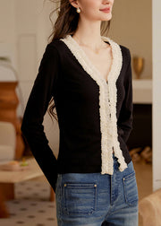 French Black V Neck Ruffled Patchwork Nail Bead Tops Fall