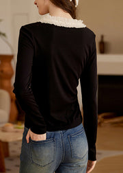 French Black V Neck Ruffled Patchwork Nail Bead Tops Fall