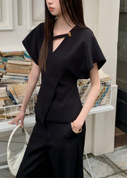 French Black V Neck Solid Spandex Shirt Summer