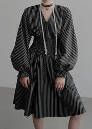 French Black V Neck Striped Pockets Cotton Mid Dress Fall