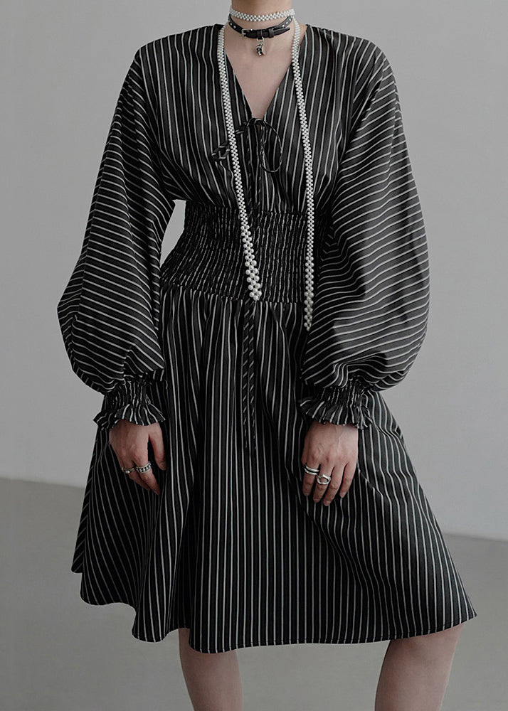 French Black V Neck Striped Pockets Cotton Mid Dress Fall