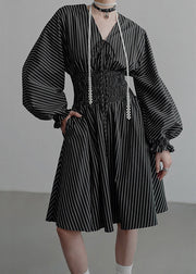 French Black V Neck Striped Pockets Cotton Mid Dress Fall