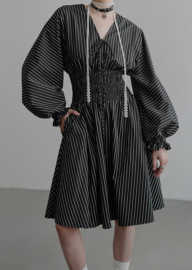 French Black V Neck Striped Pockets Cotton Mid Dress Fall