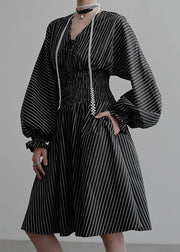 French Black V Neck Striped Pockets Cotton Mid Dress Fall