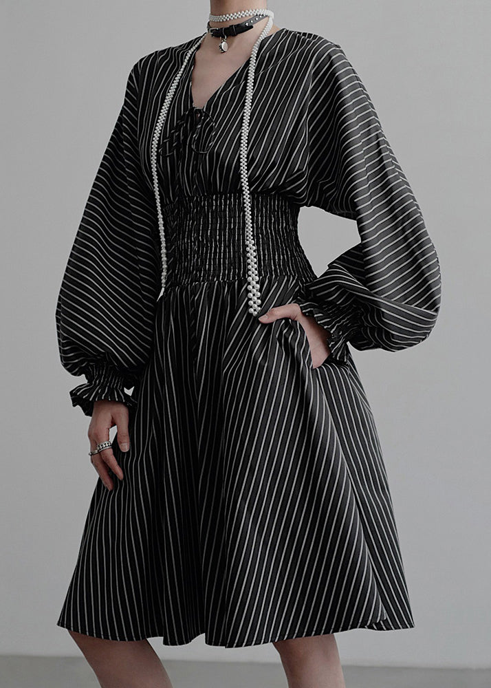 French Black V Neck Striped Pockets Cotton Mid Dress Fall
