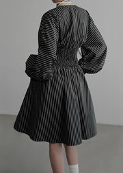 French Black V Neck Striped Pockets Cotton Mid Dress Fall