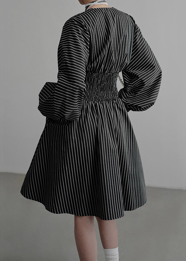 French Black V Neck Striped Pockets Cotton Mid Dress Fall