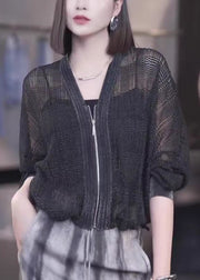 French Black V Neck Zip Up Thin Knit Coats Fall