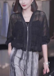 French Black V Neck Zip Up Thin Knit Coats Fall