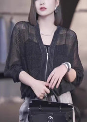 French Black V Neck Zip Up Thin Knit Coats Fall