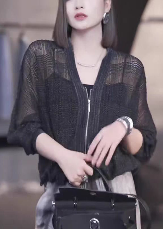 French Black V Neck Zip Up Thin Knit Coats Fall