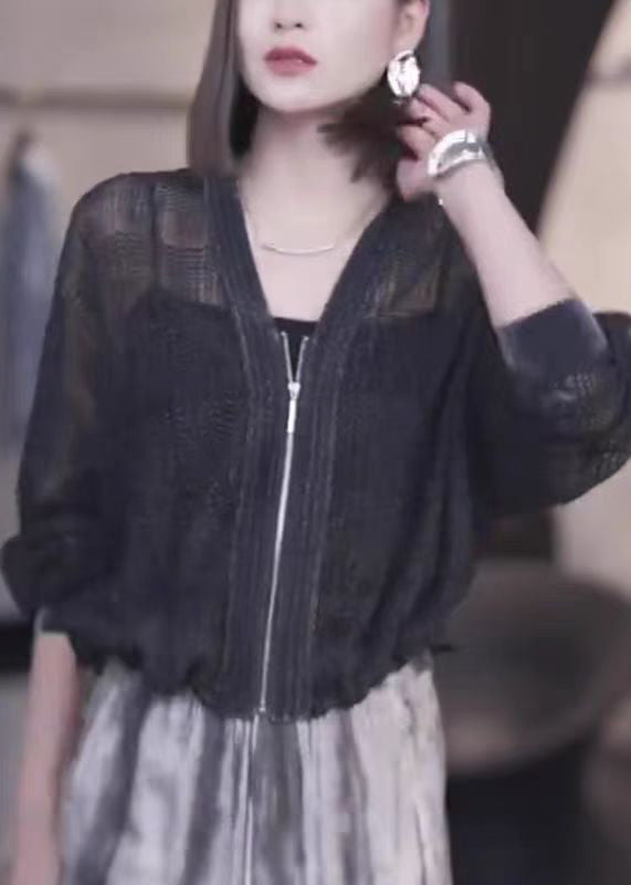 French Black V Neck Zip Up Thin Knit Coats Fall