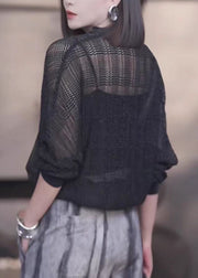 French Black V Neck Zip Up Thin Knit Coats Fall
