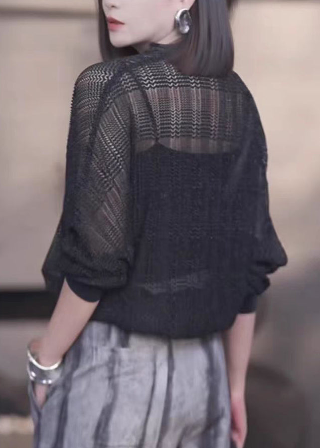 French Black V Neck Zip Up Thin Knit Coats Fall