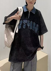 French Black Zip Up Patchwork Denim Men Polo Shirt Summer