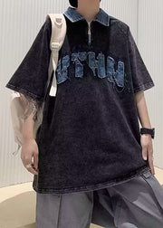 French Black Zip Up Patchwork Denim Men Polo Shirt Summer