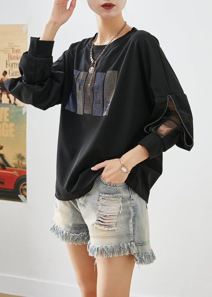 French Black Zircon Patchwork Cotton Sweatshirt Tops Fall