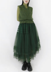 French Blackish Green Cinched Tulle Patchwork Knitted Cotton Dresses Sleeveless