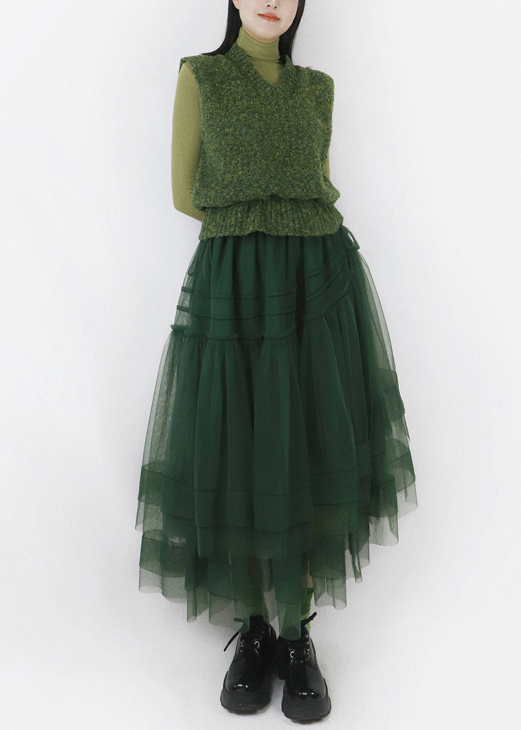 French Blackish Green Cinched Tulle Patchwork Knitted Cotton Dresses Sleeveless
