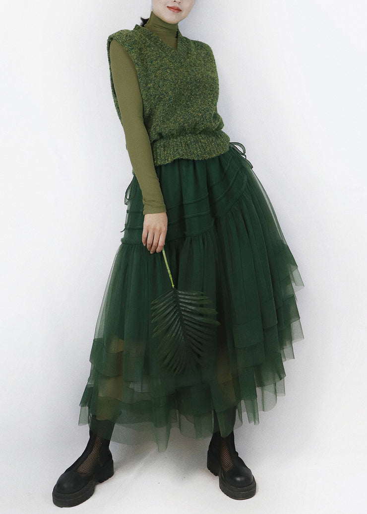 French Blackish Green Cinched Tulle Patchwork Knitted Cotton Dresses Sleeveless