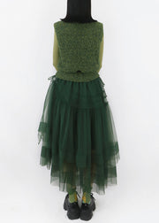 French Blackish Green Cinched Tulle Patchwork Knitted Cotton Dresses Sleeveless