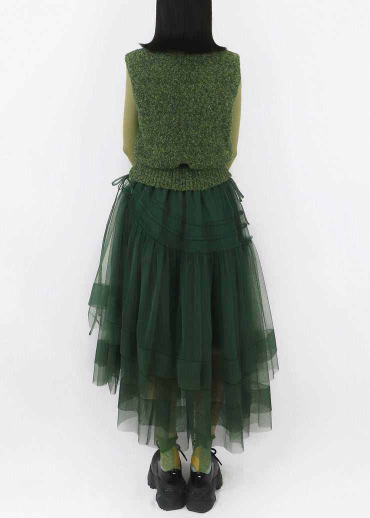 French Blackish Green Cinched Tulle Patchwork Knitted Cotton Dresses Sleeveless