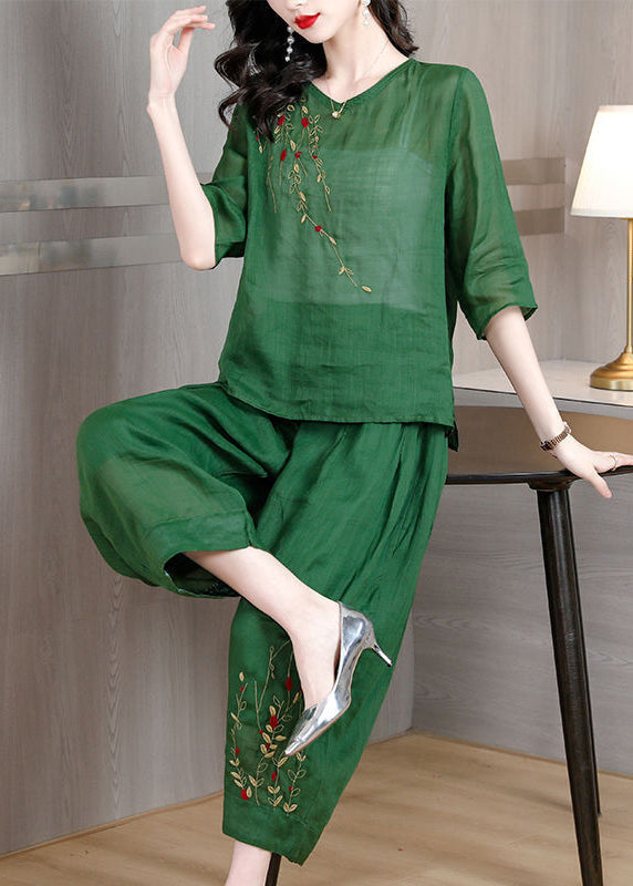 French Blackish Green Embroidered Linen Two Pieces Set Half Sleeve
